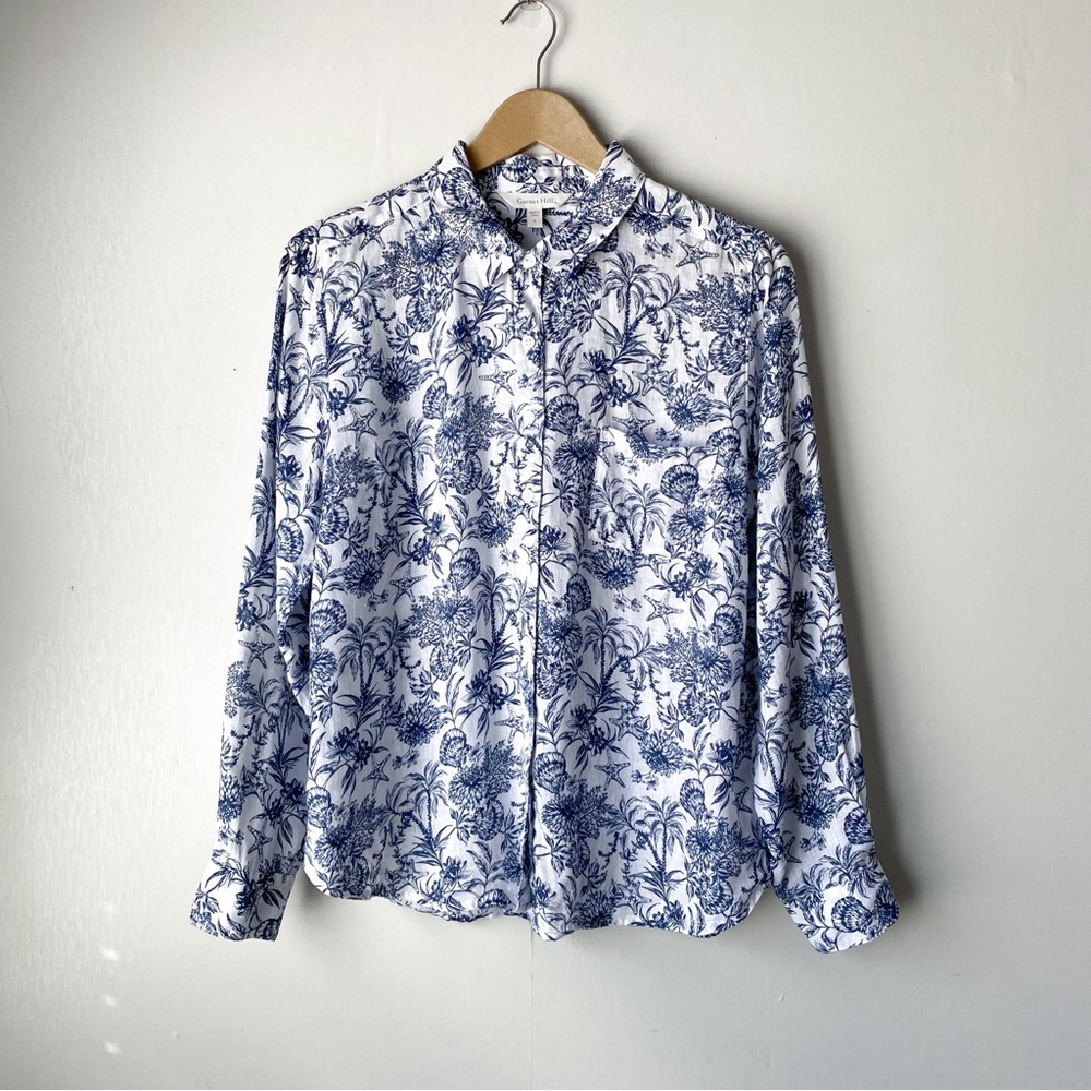 Garnet Hill Nautical Print 100% Linen Long Sleeve Button Shirt 8 Coastal Beachy